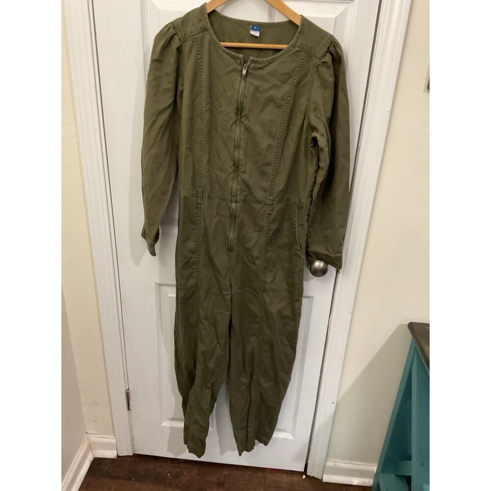 Old Navy Olive Green Utility Jumpsuit Womens M Cropped Belted Cotton Zip Pockets